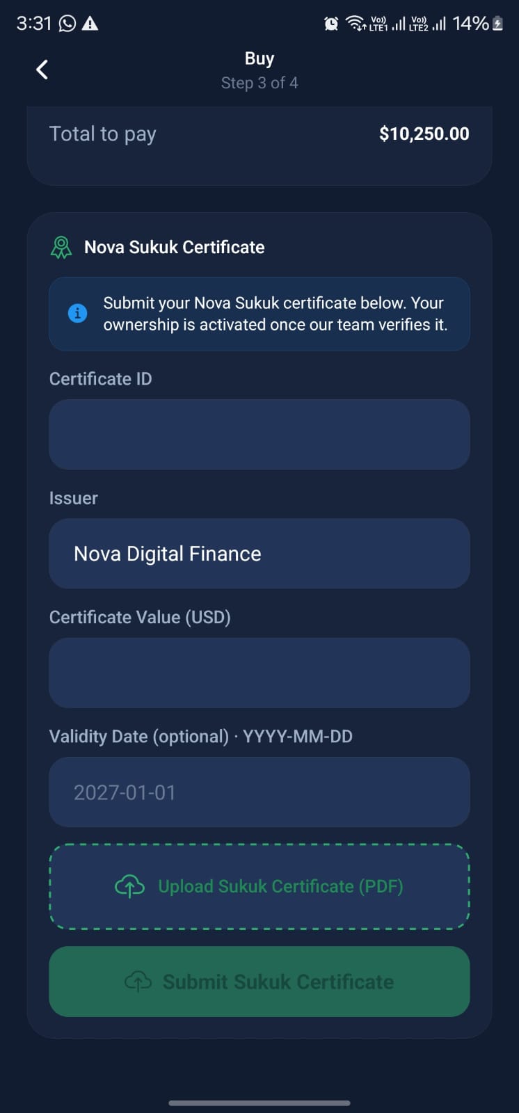 Capimax mobile app paying with Nova Sukuk