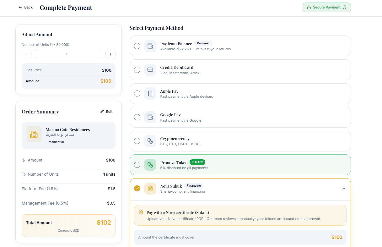 Nova Sukuk shown as a payment option at checkout